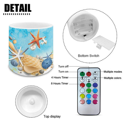 NETILGEN 4 Packs Flameless Candles with Remote Timer Color Changing Realistic Flickering Flameless Candles Set of 4 Battery Operated Candles Beach Seashell Starfish Print