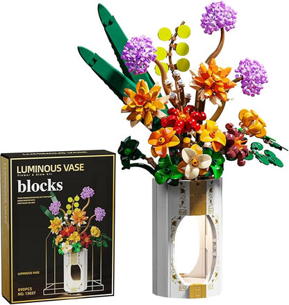 FANTASY&ampCo. Elegant Floral Display Building Kit with Vase | DIY Flower Bouquet Blocks for Adults &amp Teens | Unique Home Decor Centerpiece | Perfect Festival Gift for Family (890+ Pcs)
