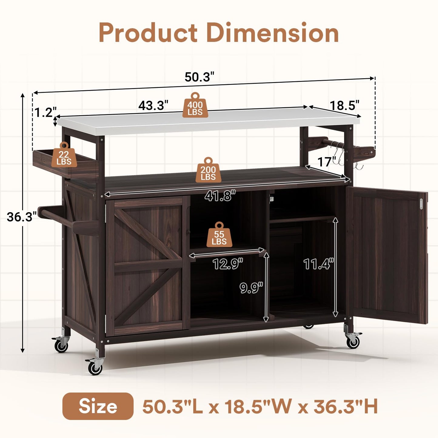 Zevemomo Outdoor Grill Cart with Storage Space, Stainless Steel Tabletop Outdoor Kitchen Island, Fir Wood Outdoor Buffet Cabinet with Lockable Casters for Grilling, Brown