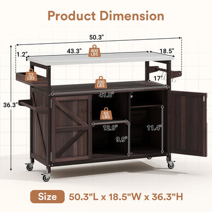Zevemomo Outdoor Grill Cart with Storage Space, Stainless Steel Tabletop Outdoor Kitchen Island, Fir Wood Outdoor Buffet Cabinet with Lockable Casters for Grilling, Brown