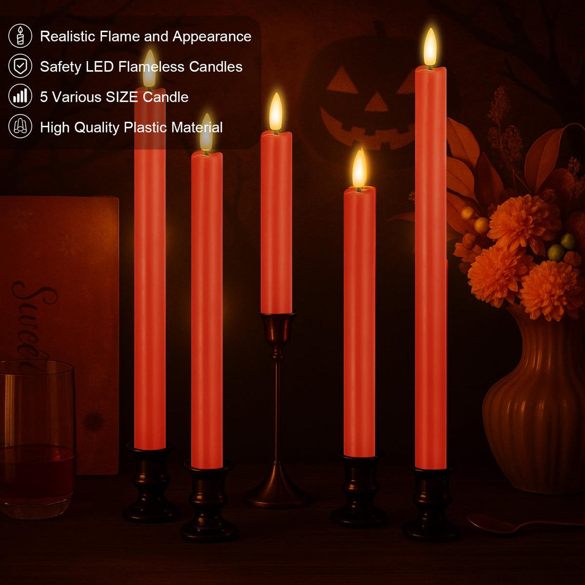 Rossesay 20 Pcs Flameless LED Taper Candles Battery Operated Taper Candles 5 Sizes of 6.5'', 7.7'', 8.8'', 10.0'', 11.2'' Flameless Candlesticks Flickering with 3D Flame for Wedding (Orange)