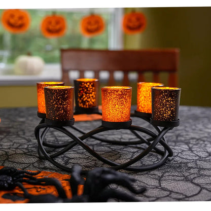 Seraphic Halloween Centerpieces for Decorations - Round Candle Holders for Outdoor Patio, Dining, Kitchen, Coffee & Wedding Table Decor, Black Iron Candelabra, 6 Glass Votive Tealight Cups