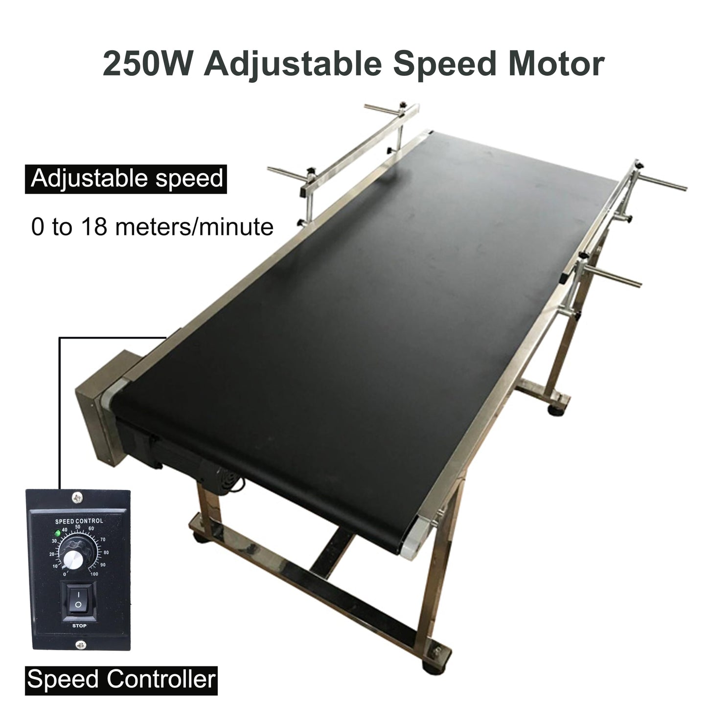BREVELTION PVC Flat Belt Conveyor Stainless Steel Industrial Transport Conveyor Adjustable Speed Conveyor with Double Guardrails Conveyor Length 59inch Width 23.6inch Load 44LBS 250W