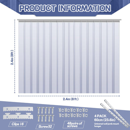Juexica 96 x 96 Inch PVC Strip Door Curtain Kit, Heavy Duty Waterproof Clear Door Curtain for Walk-in Cooler, Freezer, Warehouse & Garage, Hurricane Shutters, Energy Saving and Easy Install(Clear)