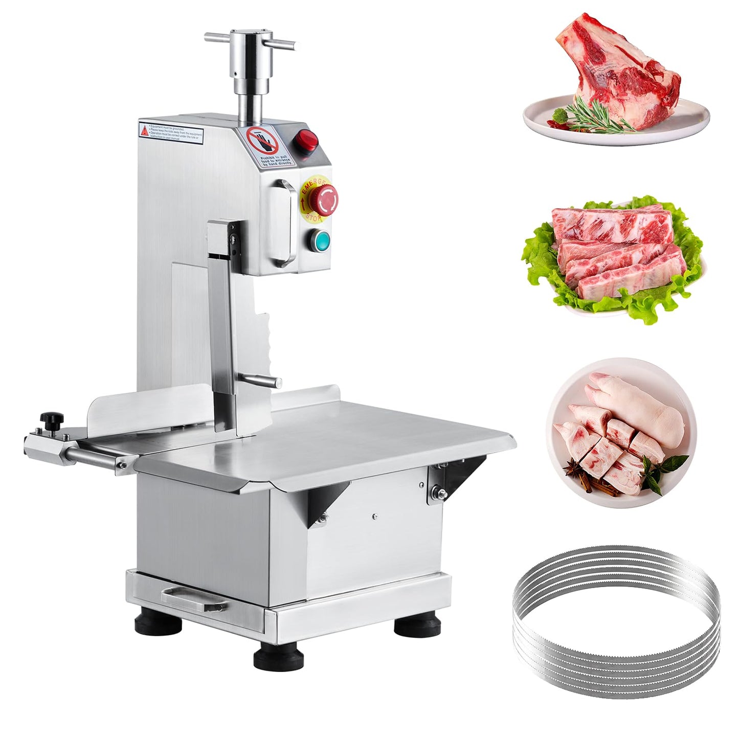 850w Commercial Electric Meat Bandsaw, Stainless Steel Countertop Bone Sawing Machine with 19.1 x 14.2 In Workbench, 4 Inch Max Cutting Thickness Frozen Meat Cutter for Rib Pork Beef