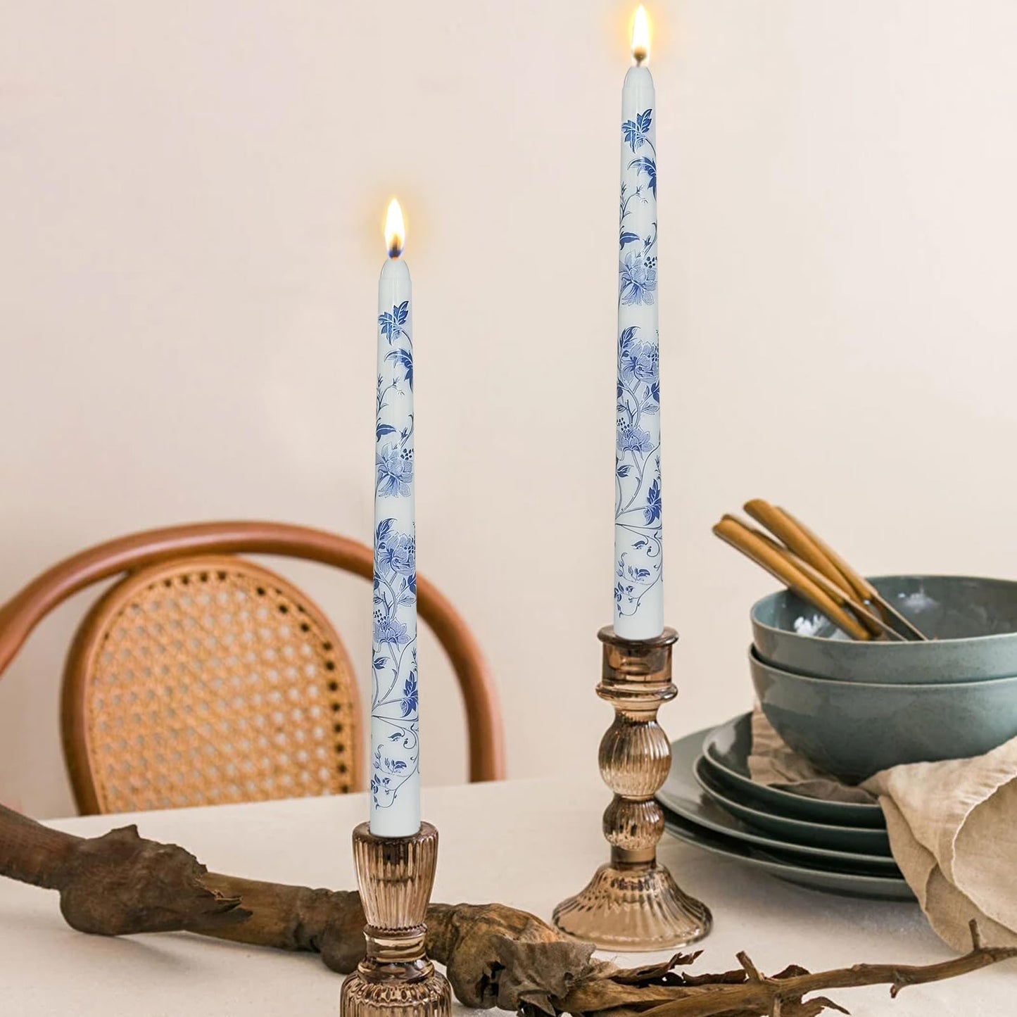Blue and White Porcelain Taper Candles 10 inch - 2 Pack Chinoiserie Taper Candles Lotus Pattern Printed Smokeless, Unscented Perfect for Home Decor, Weddings, and Special Occasions
