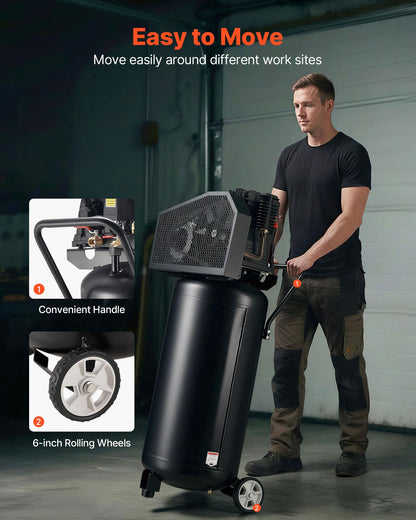 VEVOR 30-Gallon Air Compressor, 2HP 5.3SCFM at 90PSI, Max 125PSI Pressure Oil-Lubricated Air Compressor Tank, Portable on Wheels for Auto Repair, Tire Inflation, Spray Painting, Woodwork Nailing, 120V