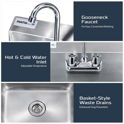 Pantin Commercial Hand Sink, NSF Commercial Stainless Steel Wall Mount Hand Washing Sink with Gooseneck Faucet for Restaurant, Kitchens, Bar, Home, 17"x 15", TP-8000A