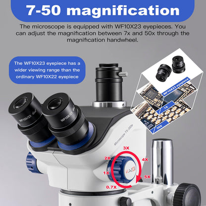 Kaisi TX-350E Professional Soldering Microscope,Trinocular Stereo Microscope, 7X-50X Magnification and WF10x23 Wide Field Eyepieces,Lab Stereo Zoom Microscopes for Electronics Repair