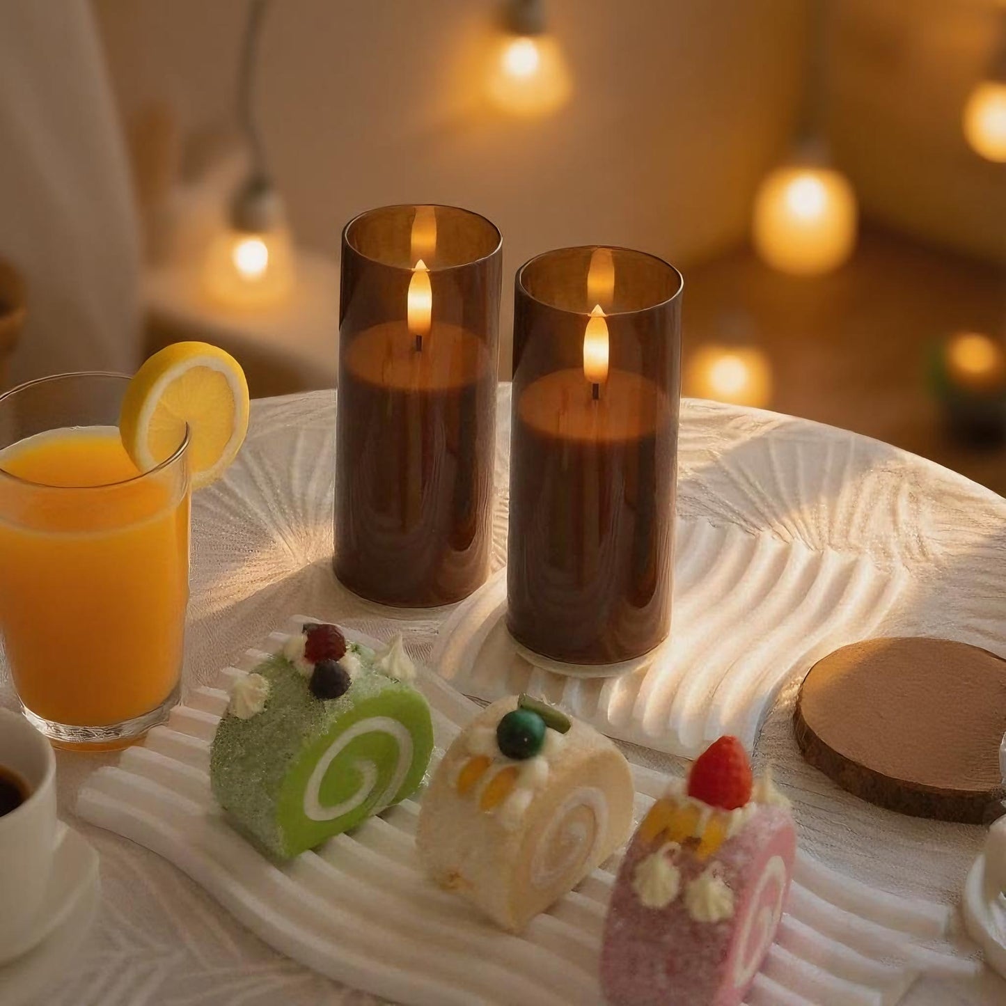 EZiKitchen 2 Pack LED Battery Operated Candles 2"x 5" Plastic Flickering Flameless Candles with Timer Wedding Party Halloween Christmas Decoration Gifts Slim Tall Pillar Candles,Brown