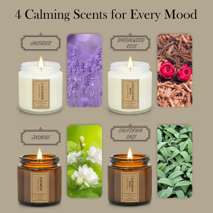 Candle Gift Set for Home – 4 Pack Scented Soy Wax Candles, Lavender, Jasmine, Sandalwood & Sage – Long Lasting Aromatherapy Candles for Relaxing, Gifts for Women, Mom & Home Decor