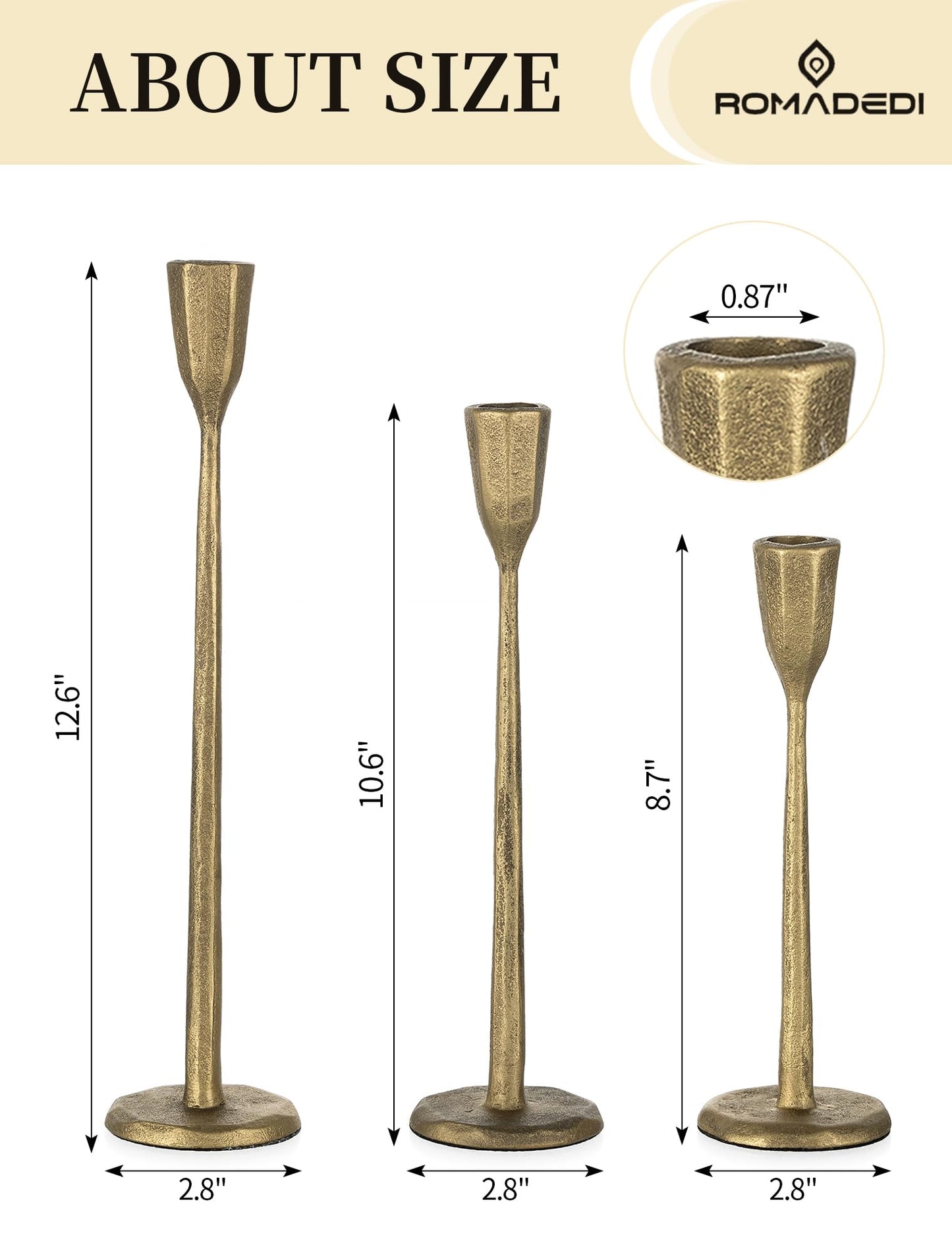 Romadedi Gold Candlestick Candle Holder - Cast Iron Taper Candle Stick Holders Brass Antique Decor Tapered for Wedding Dining Table Christmas Mantel Home Decoration Set of 3