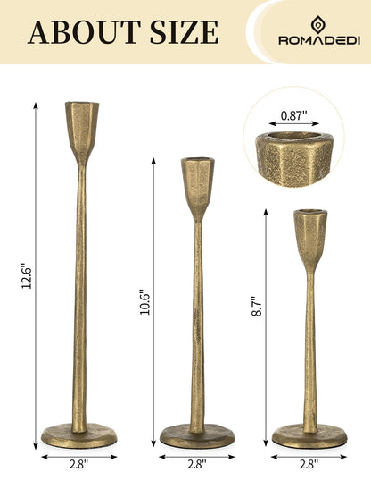 Romadedi Gold Candlestick Candle Holder - Cast Iron Taper Candle Stick Holders Brass Antique Decor Tapered for Wedding Dining Table Christmas Mantel Home Decoration Set of 3
