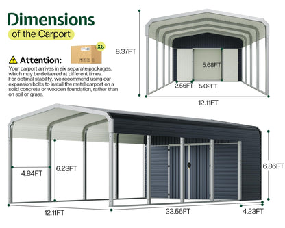 Jocisland 12x24 FT 2-in-1 Carport & Storage Shed, Heavy Duty Carport with Galvanized Steel Roof, 12x4.2 FT Metal Shed with 2 Transparent Panels & Double Doors, Car Canopy for Cars, Boats, Trucks