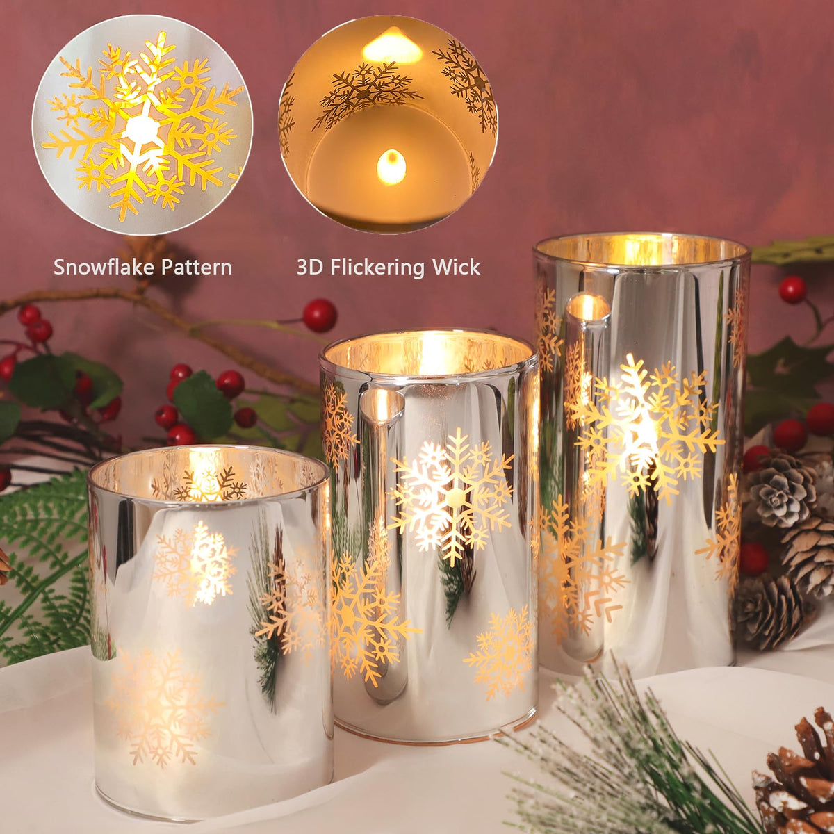 FLAVCHARM Snowflake LED Flameless Candles with Remote and Timer, Electroplate Glass Candles Operated by Battery, Christmas LED Flickering Candles Decoration for Bedroom, Party, Wedding