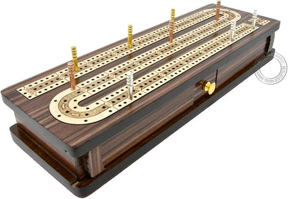 House of Cribbage - Continuous Cribbage Board/Box Inlaid in Rosewood/Maple 12 - 3 Tracks - Sliding Lid Drawer