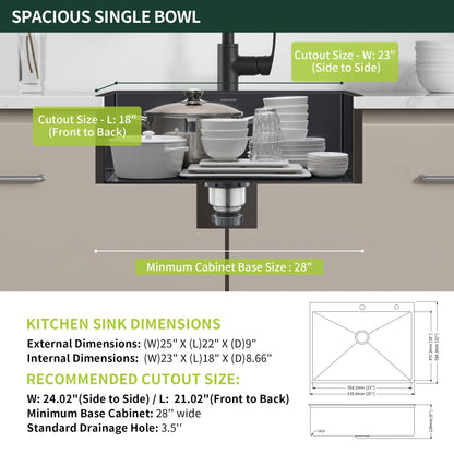 Drop-In Deep Laundry Sink 25 x 22 inch Black, SINKVINE Single Bowl Nano Stainless Steel Kitchen Sink for Outdoor and Indoor Top Mount, with Drain Strainer, Bottom Grid, Roll-up Drying Unit, Dark Gray