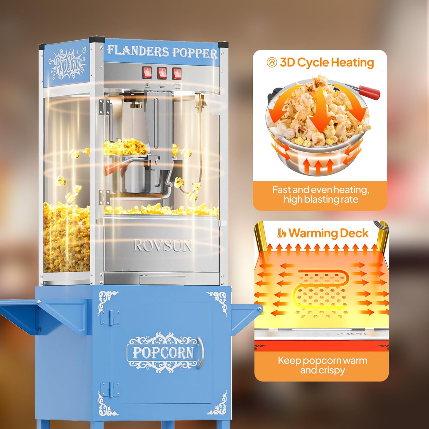 ROVSUN Popcorn Machine with Cart, 10 Oz Kettle Makes Up to 4 Gallons ETL Certified, Popcorn Maker w/Scoop, Oil Spoon, Bags & Popcorn Cups, Movie Theater Style Popper for Commercial Home Party, Blue