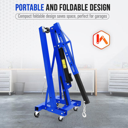 GarveeLife 2-Ton Folding Hydraulic Engine Hoist with Leveler, Shop Crane with Telescopic Boom & 6 Casters, 4400 Lbs Foldable Cherry Picker Lift for Home Garage, Workshop, Warehouse, Heavy-Duty, Blue
