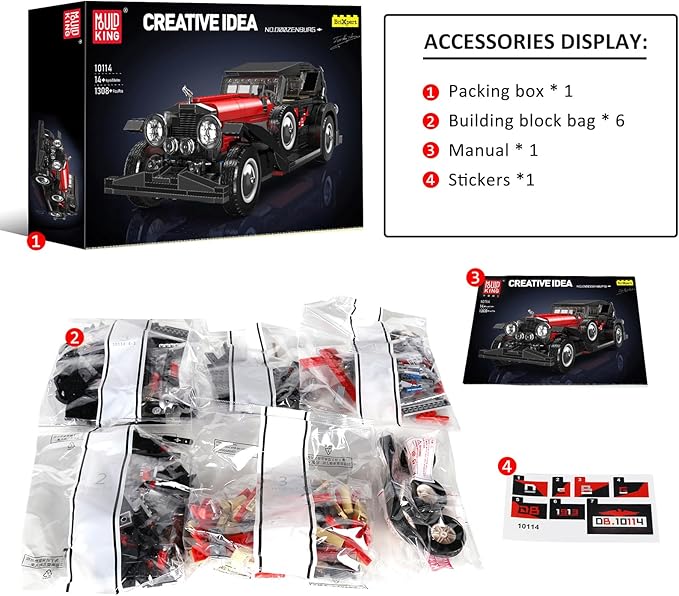 Mould King 10114 Classic Cars Building Kits MOC Vintage Car Model Building Blocks Set Gift for Age 14+/Adult Collections Enthusiasts(1308+ Pieces Static Version)
