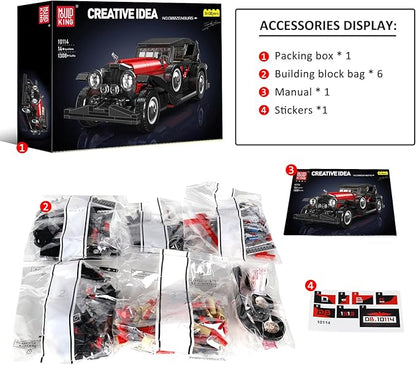 Mould King 10114 Classic Cars Building Kits MOC Vintage Car Model Building Blocks Set Gift for Age 14+/Adult Collections Enthusiasts(1308+ Pieces Static Version)