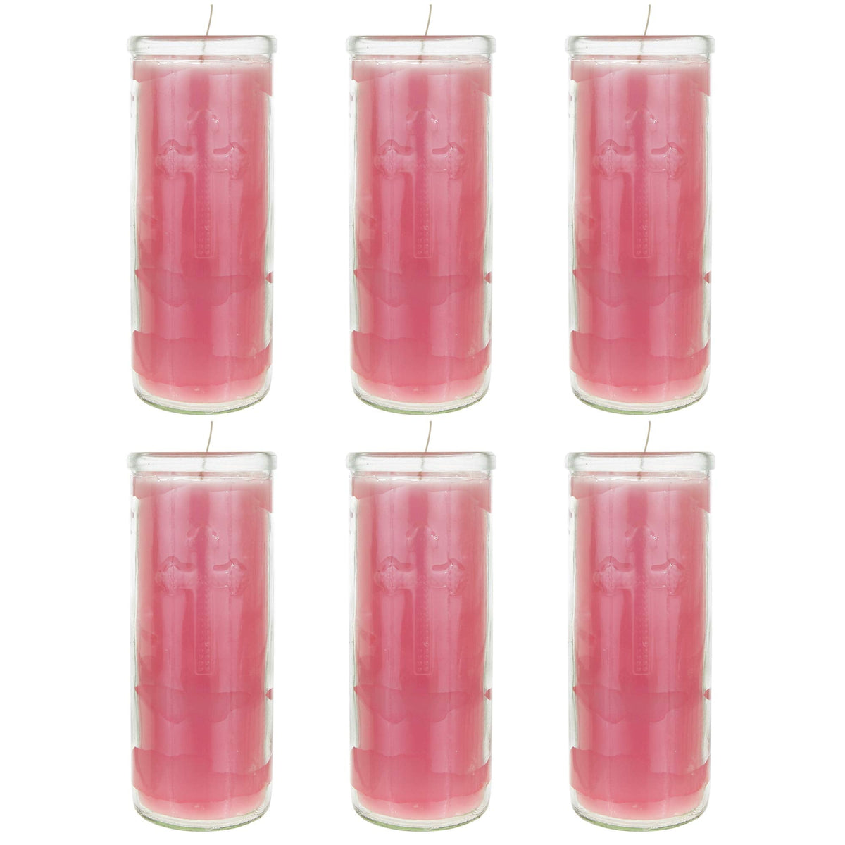 Mega Candles 6 pcs Unscented Pink Dual Cross Glass Container Altagraciano Devotional Prayer Candles, Premium Wax Candle 3 Inch x 7.25 Inch, Sanctuary, Vigils, Prayers, Blessings, Religious, Memorials