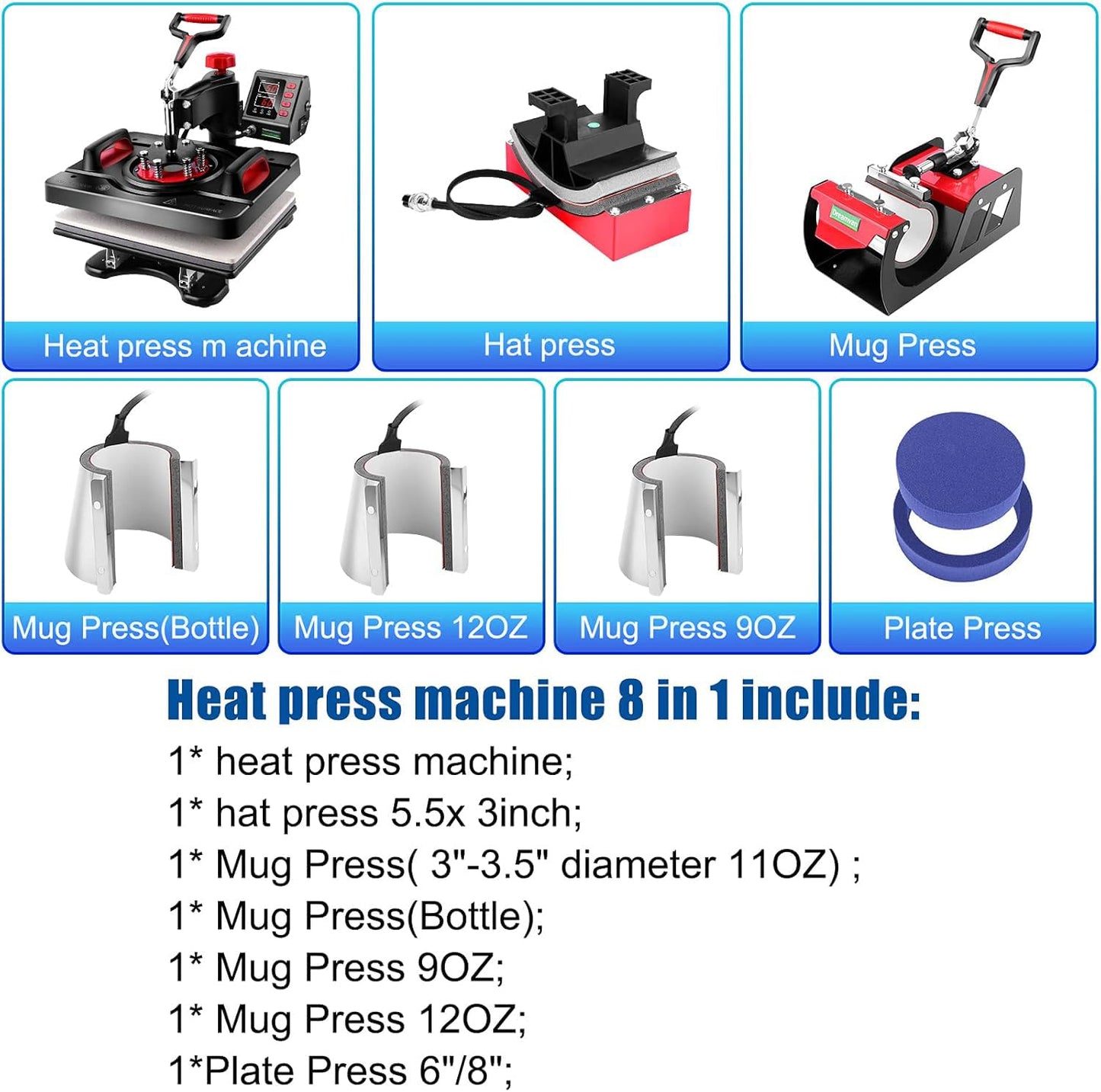 AKEYDIY Professional 8 in 1 Heat Press Machine Sublimation Machine 12" X 15" Shirt Press Machine 360° Swing Away - Industrial-Quality Digital Sublimation Heat Press Machine for T Shirt Mug Hat Plate
