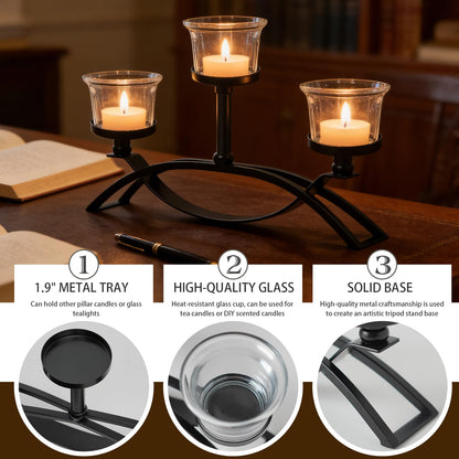 3-Arm Metal Tea Light Candle Holder Set with 5 Glass Cups, Votive Candle Holders Centerpiece Candelabra for Wedding Table Decor, Home Gatherings and Holidays (Black, 3 Cups-2 Pcs)