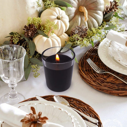 Set of 4 Black Votive Candles for Halloween Pumpkin, Clear Glass Filled Unscented Soy Wax Candle for Dinner, Parties, Home Decorations and DIY
