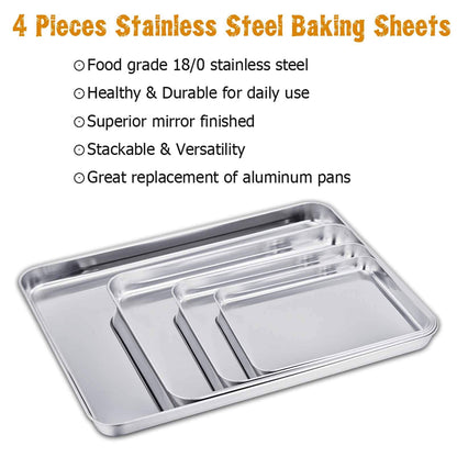 TeamFar Baking Sheet Set of 4, 16/12.5/10/9.3 Inch Stainless Steel Baking Pan Tray Cookie Sheet, Non Toxic & Healthy, Rust Free & Easy Clean - Dishwasher Safe