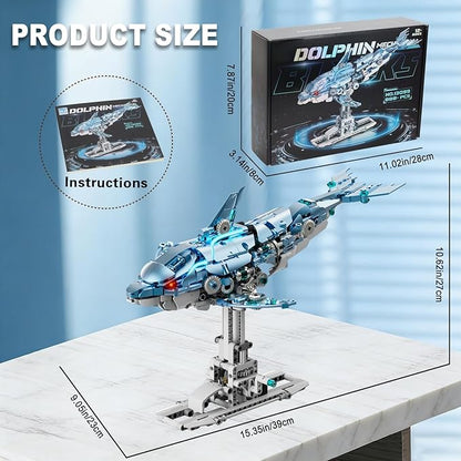 Mechanical Blue Dolphin Building Blocks Linkage Kit Sea Animal Model with Lighting Display Stand STEM Power Toy DIY Desktop Ornament for Kids &amp Adults Ages 12+ Birthday Gift Idea 888pcs