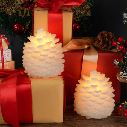 Homemory 2 Pcs Pine Cone Candles Flameless, White LED Flickering Lights with 6 Hours Timer, Battery Operated Candles for New Year Celebration Holiday Decorations D4.3 x H4.7 Inches