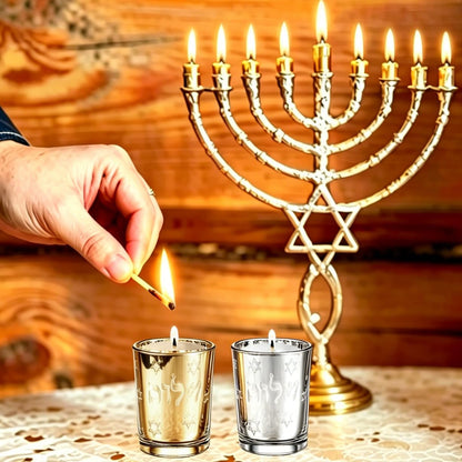 ZIVOSELY Set of 2 Glass Shabbat Candle Holders, Thickened Heat-Resistant Electroplated Glass Tea Light Holders for Jewish Judaica Sabbath Hanukkah Gifts, Gold & Silver