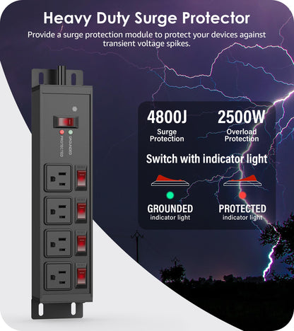 CCCEI 12 Gauge Outdoor Long Extension Cord with Multiple Outlets, 20 Amp Individual Switches Heavy Duty Surge Protector Power Strip, Garage Wall Mount Outlet Extender. 100 FT, Black.