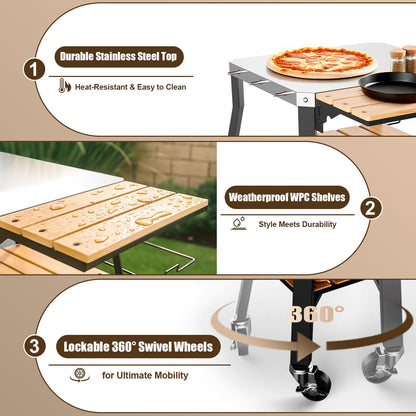 Pizza Oven Stand & Shelf for Solo Stove Pi Pizza Oven, Outrdoor XSKUNStand for Ninja Woodfire, Kitchen Table for Cooking with Stainless Steel Top, WPC Storage Shelves, Lockable 360° Swivel Wheels