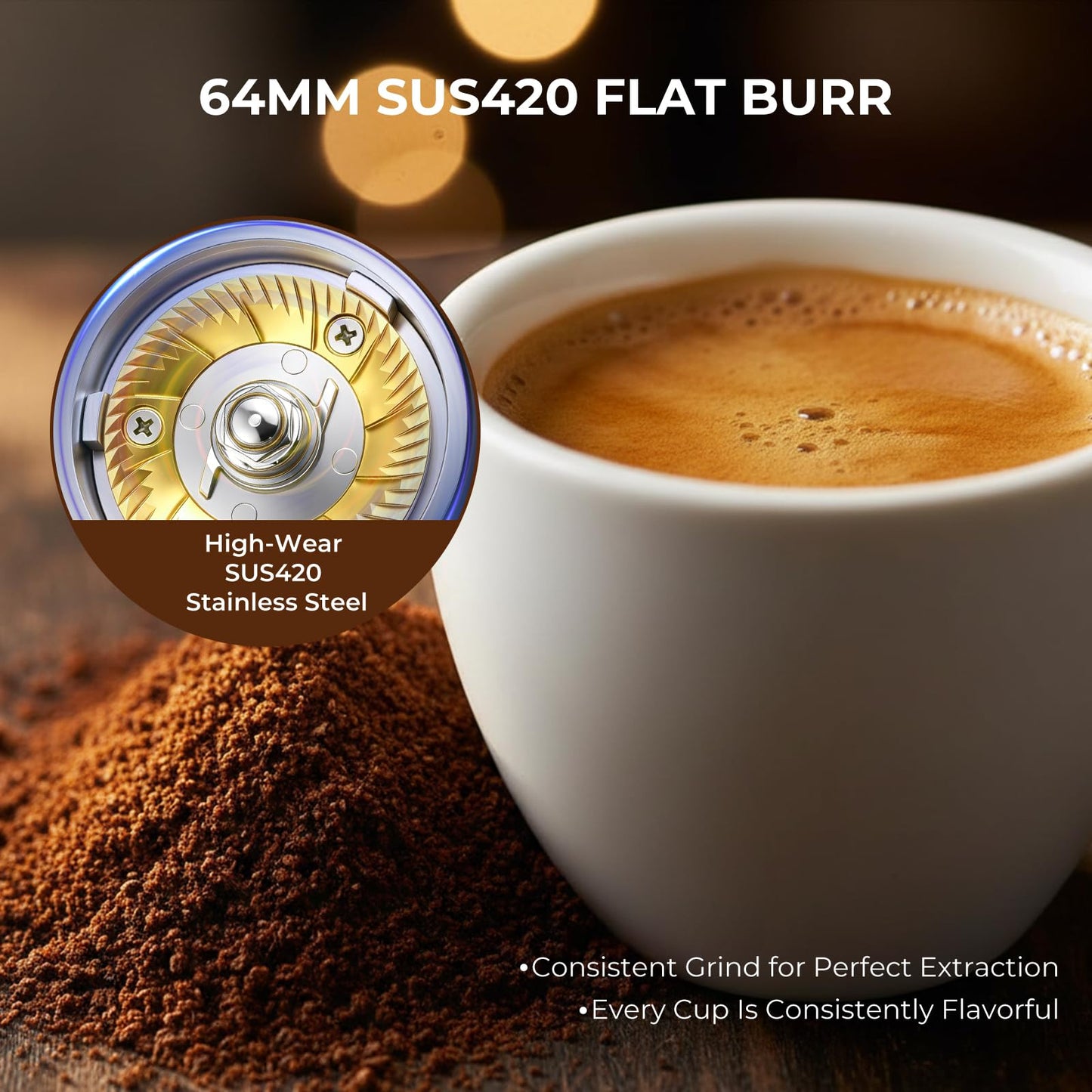 Grind by Weight Espresso Grinder, Commercial Coffee Grinder by Weight with 64mm Flat Burr, Touch Screen, 14 Grind Settings for Cafe