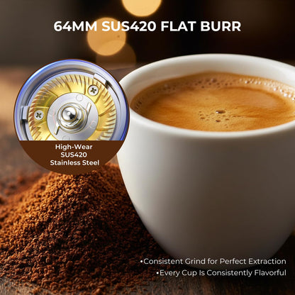 Grind by Weight Espresso Grinder, Commercial Coffee Grinder by Weight with 64mm Flat Burr, Touch Screen, 14 Grind Settings for Cafe