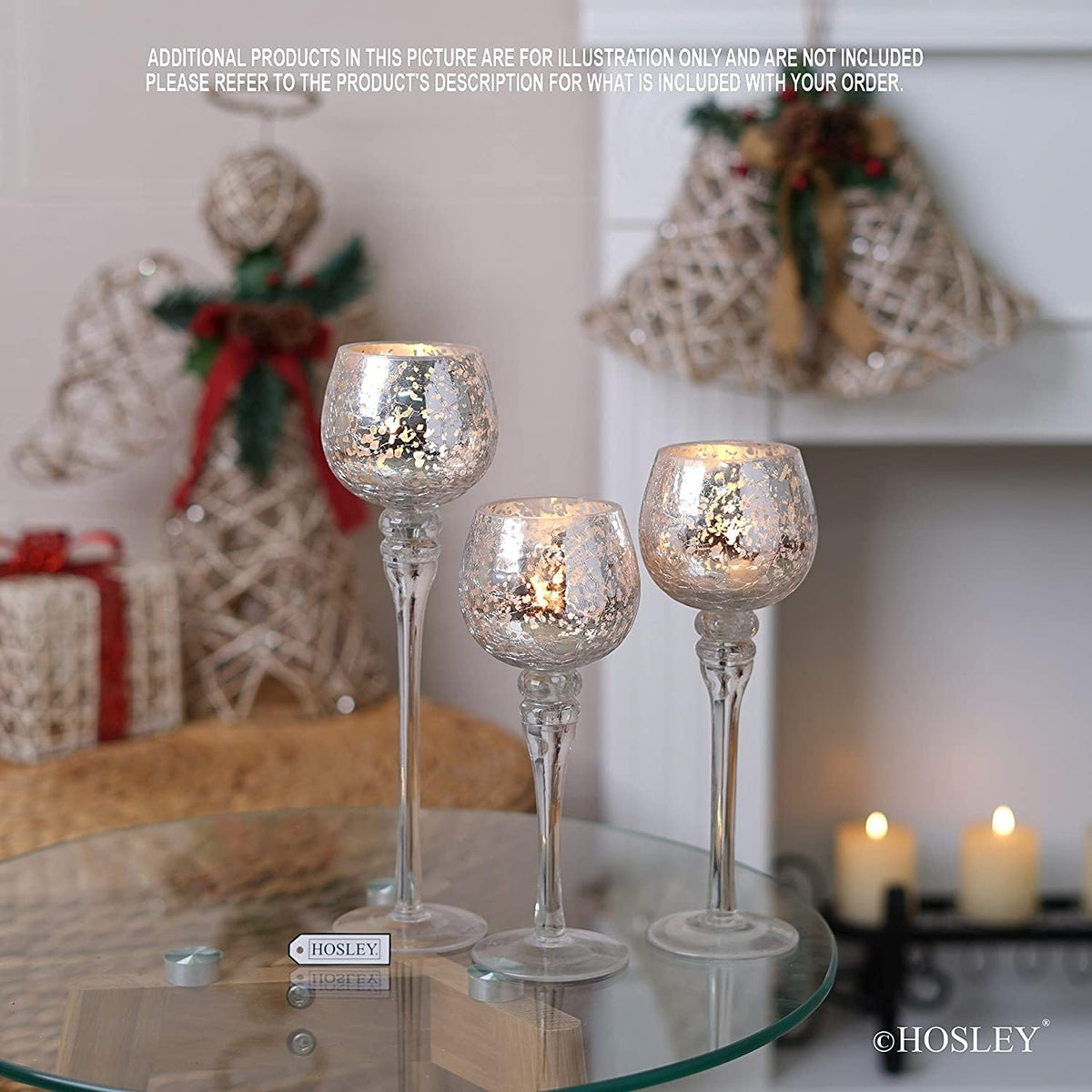 Hosley Set of 3 Metallic Crackle Glass Tealight Holders – 12", 10", 9" Elegant Home Decor, Ambient Lighting, Stylish Centerpieces & Gift Idea