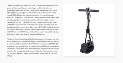 GRABO High-Flow Cordless Vacuum Lifter | 242 lbs Capacity | LED Pressure Display | Ergonomic Pistol Grip | SMART CUT Foam Seal | Lifts Porous Materials, Dry Cast Pavers | Pro Construction Tool