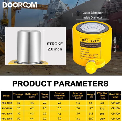 DOOROOM 50 Ton Hydraulic Cylinder Jack, 2' Stroke Hydraulic Ram, Porta Power Automatic Retracting Jack with CP-700, Yellow