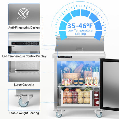 GAOMON Commercial Refrigerator, 28" Sandwich & Salad Prep Table, 7.42 Cu. Ft Stainless Steel Refrigerated Food Prep Station with 8 Pans, Cut Board, 1 Door Worktop Fridge with lock for Restaurant