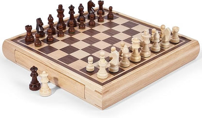 VAMSLOVE 13 Chess Chinese Checkers 2 in 1 Wooden Board Game Set with Pieces Storage Drawer - 2 Extra Queens Bonus Marbles for Birthday Gift (Instructions Included)