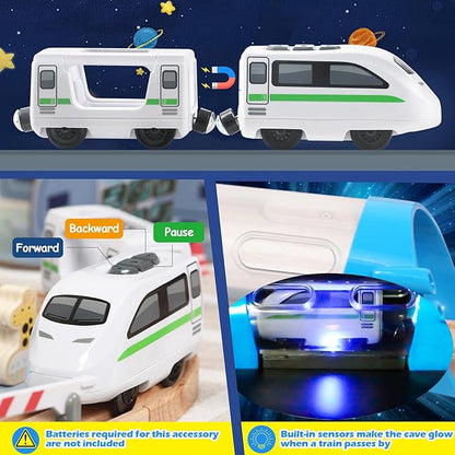82 Pcs Wooden Train Set for Toddlers Magnetic Train with Track for Kids Ages 3-6 Compatiable with Major Brands Space Railway Playset Gifts for Boys and Girls Ages 3+