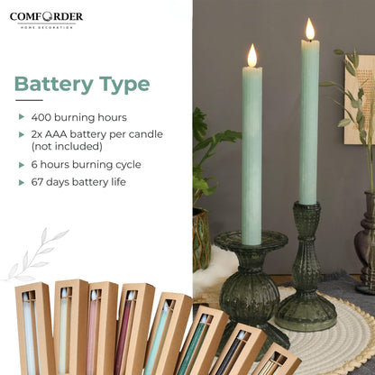 comforder Flameless Taper Candles – Flickering LED Flame with 6H Timer – Real Wax, Ribbed Design – Battery Operated Set of 2 – 10" Tall (Eucalyptus Green)