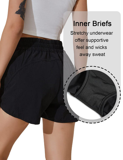 BMJL Women's Running Shorts Elastic High Waisted with Pockets, Sporty Workout Quick Dry Athletic Shorts(M,Black)