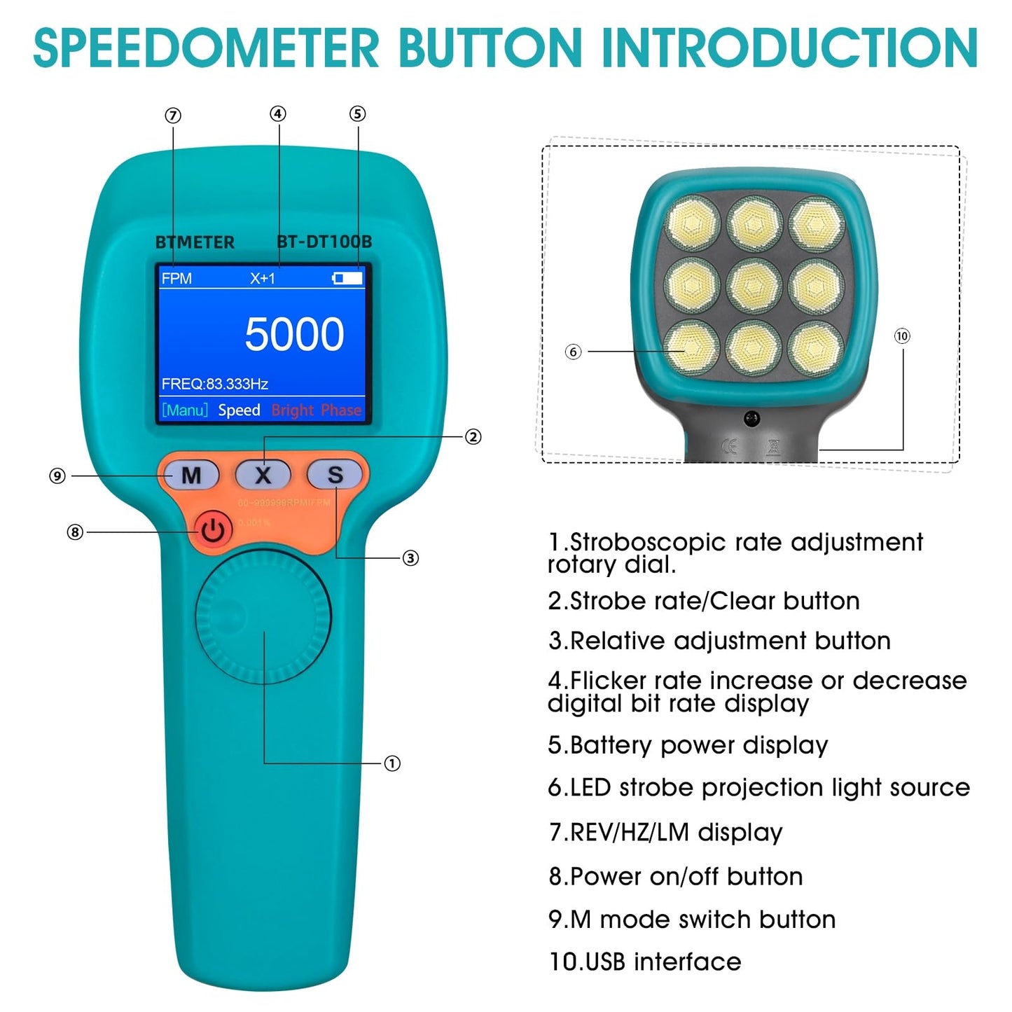BTMETER Stroboscope Strobe Light Tachometer Non Contact Measure 60-999999 RPM/FPM Velocity Hz with 0.001% Accuracy, Handheld Speedometer Gun DT100B for Car Engine Gear Motor Troubleshoot
