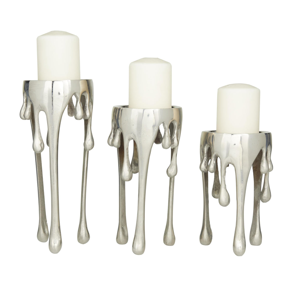 CosmoLiving by Cosmopolitan Aluminum Metal Abstract Decorative Candle Holder Melting Drip Candle Stand, Set of 3 Candlestick Holder 12", 10", 8"H, Silver