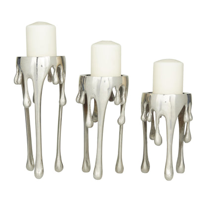 CosmoLiving by Cosmopolitan Aluminum Metal Abstract Decorative Candle Holder Melting Drip Candle Stand, Set of 3 Candlestick Holder 12", 10", 8"H, Silver