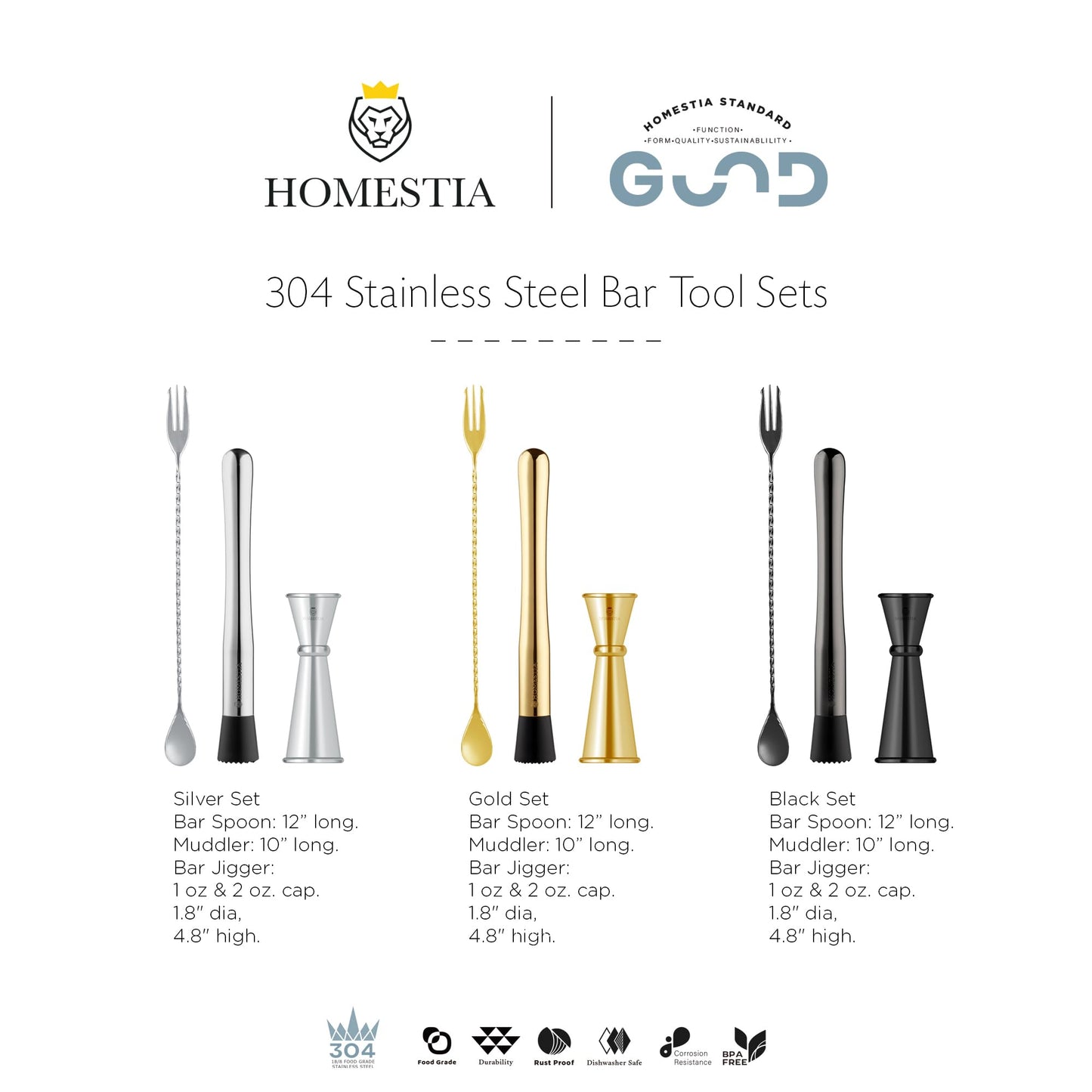 Homestia 3-Pcs Silver Muddler & Mixing Tool Set, 10'' Muddler, 12'' Cocktail Spoon & 1 OZ/2 OZ Double Jigger, Bar Tool Set for Beverages Drinks, Stainless Steel Bar Set Housewarming Gift
