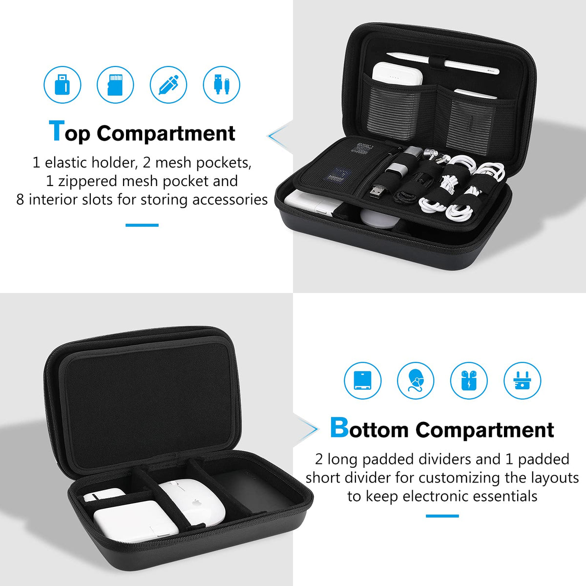 ProCase Hard Travel Electronic Organizer Case for MacBook Power Adapter Chargers Cables Power Bank Apple Magic Mouse Apple Pencil USB Flash Disk SD Card Small Portable Accessories Bag -Black, L